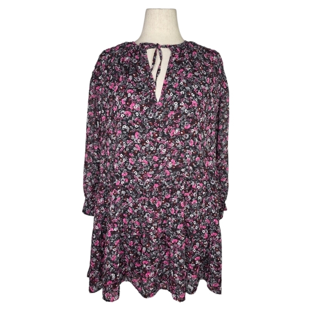 Zara Black Pink Floral Long Sleeve Tiered Mini Dress Size M Boho Cottagecore